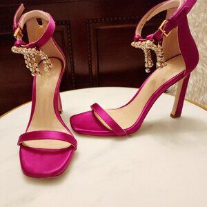 Stuart Weitzman Grape Silk Satin Heeled Sandals with Swarovski Crystal Detail